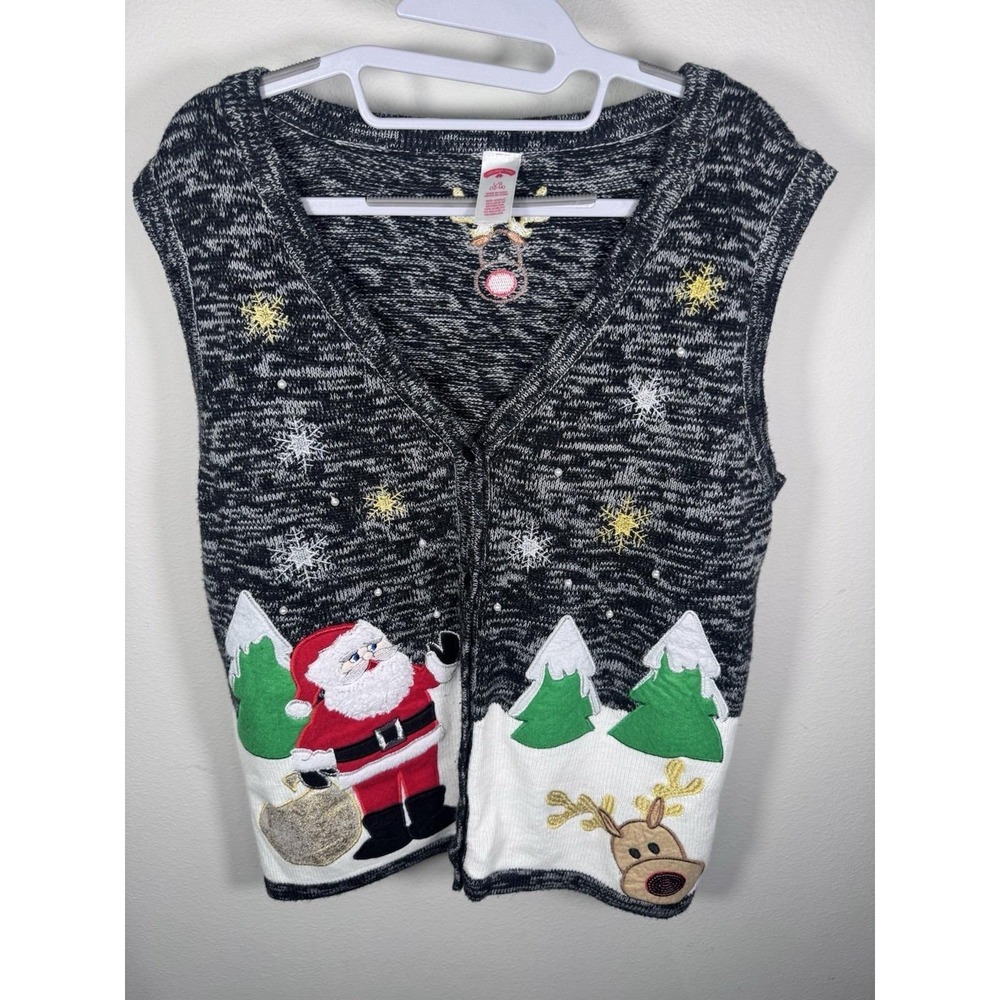 VTG Ugly Christmas‎ Sweater Vest Santa & Reindeer Knit Holiday Vest size L/G